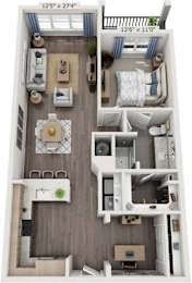 A floor plan of a small apartment with a living room, kitchen, and two bedrooms.