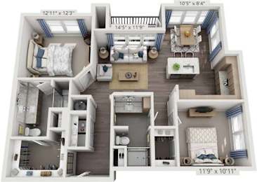 A detailed 3D floor plan of a small apartment layout.