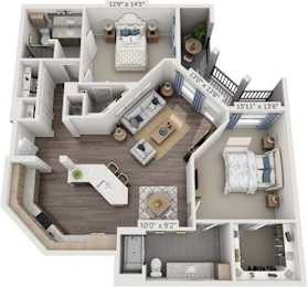 A 3D floor plan of a house with dimensions and furniture layout.