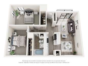 A 3D floor plan of a small apartment with a kitchen, living room, and bathroom.
