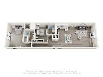 A 3D floor plan of a small apartment with a kitchen, living room, and bathroom.