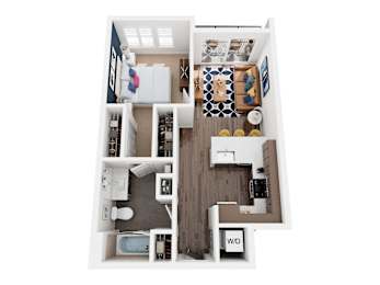 A top down view of a small apartment with a kitchen, living room, and bathroom.