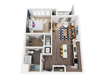 A top down view of a small apartment with a kitchen, living room, and bathroom.