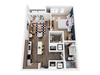 A top-down view of a small apartment with a kitchen, living room, and bathroom.