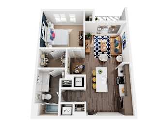 A top down view of a small apartment with a kitchen, living room, and bathroom.