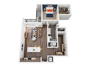 A top down view of a small apartment with a kitchen, living room, and bathroom.