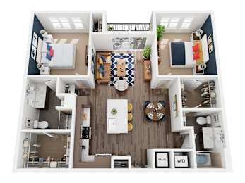 A top-down view of a modern apartment layout with labeled sections for the kitchen, living room, and bathroom.