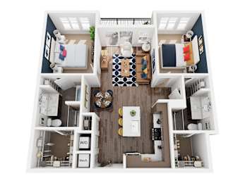 A top-down view of a small apartment with a kitchen, living room, and bedroom.