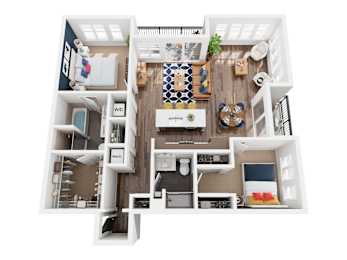 A top-down view of a well-organized kitchen and living room area.