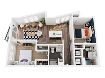 A 3D floor plan of a small apartment with a kitchen, living room, and bathroom.