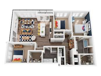 A top-down view of a small apartment with a kitchen, living room, and bathroom.
