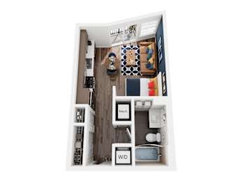 A small room with a bed, desk, and shelves.