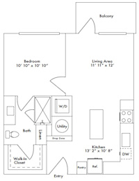 Floor plan layout of 624 sf one-bedroom apartment with a balcony.