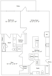 Floor plan layout of 1221 sf one-bedroom apartment with den space and a balcony.