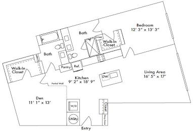Floor plan layout of 1308 sf one-bedroom apartment with den space.