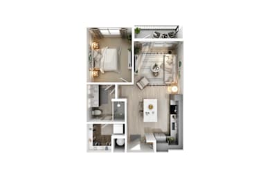 A top-down view of a modern apartment layout.
