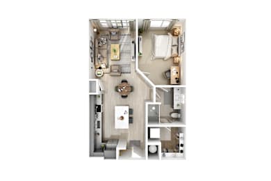 A top-down view of a small apartment with a kitchen, living room, and bathroom.