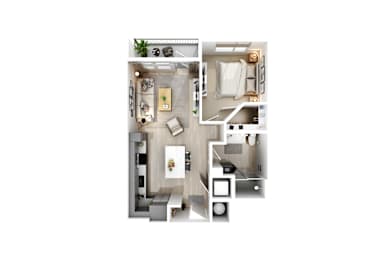 A top-down view of a small apartment with a kitchen, living room, and bathroom.