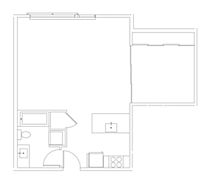 A floor plan of a house with a kitchen, living room, and two bedrooms.