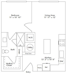 Floor plan layout of 628 sf one-bedroom apartment.