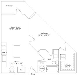 Floor plan layout of 699 sf one-bedroom apartment with a balcony.