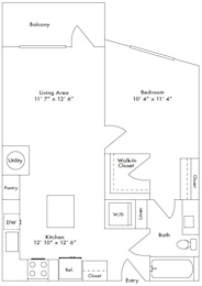Floor plan layout of 724 sf one-bedroom apartment with a balcony.