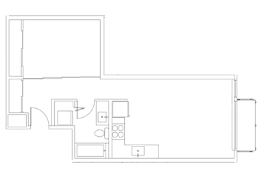 A floor plan of a house with a kitchen, living room, and two bedrooms.