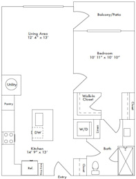 Floor plan layout of 749 sf one-bedroom apartment with a balcony.