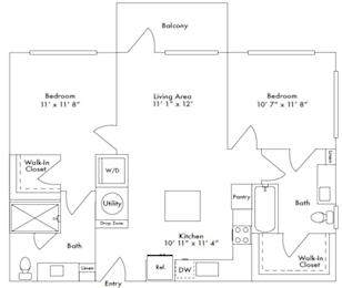 Floor plan layout of 978 two-bedroom apartment with two bathrooms and a balcony.