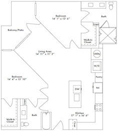 Floor plan layout of 1175 sf two-bedroom apartment with two bathrooms featuring dual shower and a balcony.