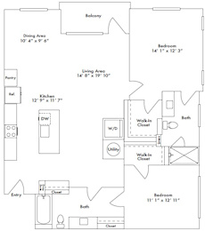 Floor plan layout of 1329 sf two-bedroom apartment with two bathrooms and a balcony.