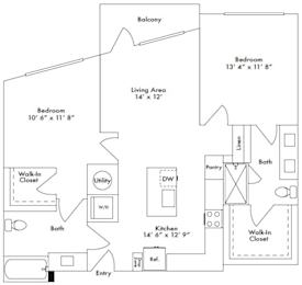 Floor plan layout of 1082 sf two-bedroom apartment with two bathrooms and a balcony.