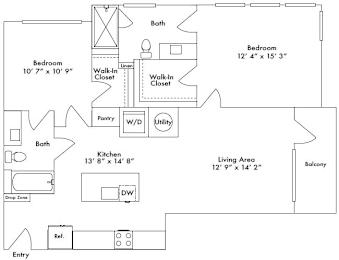 Floor plan layout of 1103 sf two-bedroom apartment with two bathrooms and a balcony.
