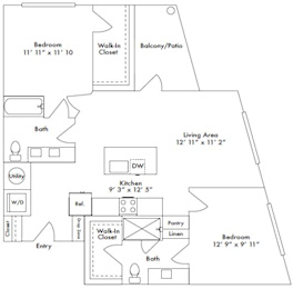 Floor plan layout of 1118 sf two-bedroom apartment with two bathrooms and a balcony.