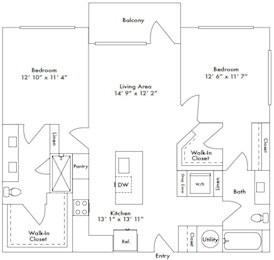 Floor plan layout of 1118 sf two-bedroom apartment with two bathrooms and a balcony.