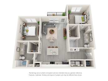 A 3D floor plan of a house with a living room, kitchen, and two bedrooms.