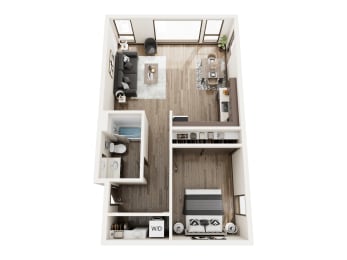 a stylized floor plan with a bedroom and a living room