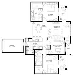 A floor plan of a house with a living room, dining room, kitchen, and two bedrooms.