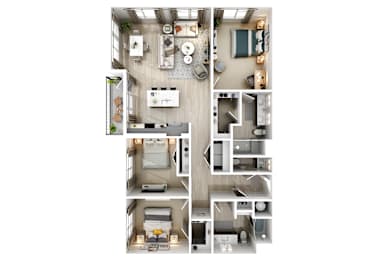 A top-down view of an apartment with a kitchen, living room, and three bedrooms.