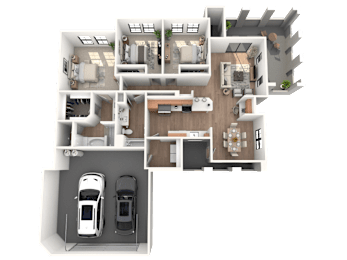 A 3D floor plan of a house with two bedrooms, a living room, a kitchen, a dining room, and a garage.