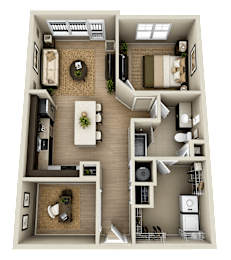 A top-down view of a two-bedroom apartment with a living room, kitchen, and bathroom.