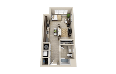 A top down view of a small apartment with a kitchen, living room, and bedroom.
