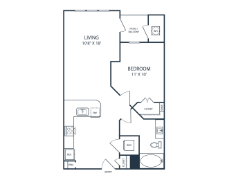 Floor plan of a 1 bedroom apartment