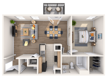 a 3d rendering of the living room and dining room of an apartment