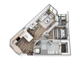 Floor plan A1, a 1-bed, 1-bath 674–785 SF apartment with open living, dining, and kitchen area
