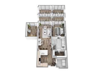 Floor plan A9, a 1-bed, 1-bath 833 SF apartment with open living, dining, kitchen, and study area