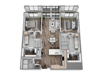Floor plan B11, a 2-bed, 2-bath 1,199–1,240 SF apartment with open living, dining, and kitchen area