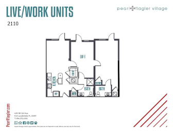 A diagram of a floor plan for live/work units at Pearl Flagger Village.