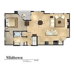 A floor plan of a Midtown apartment with a living room, dining room, kitchen, and two bathrooms.