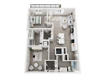 Floor plan layout of 1221 sf one-bedroom apartment with den space and a balcony.